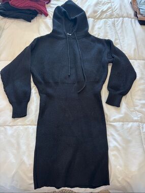 Black Hooded Knit Sweater Dress - Women's Cozy Long Sleeve